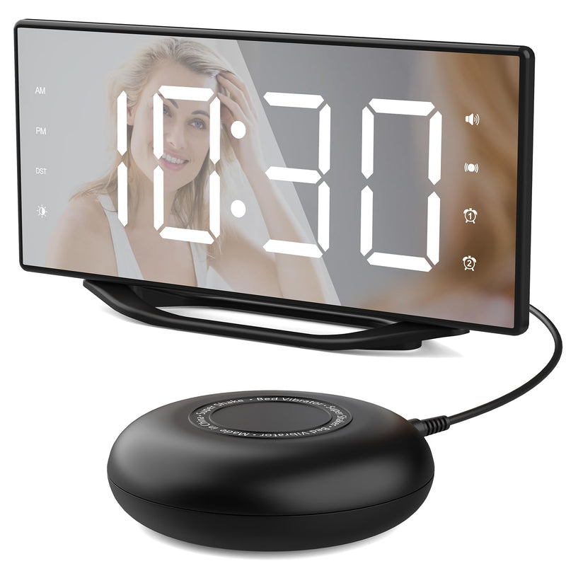 OnLyee Vibrating Alarm Clock with 8.7” LED Mirror for Heavy Sleepers & Hearing Impaired, Bed Shaker & 3 Wake-Up Modes, Dual Alarms, USB Charging, Adjustable Brightness, Snooze Function Black+Bed Shaker