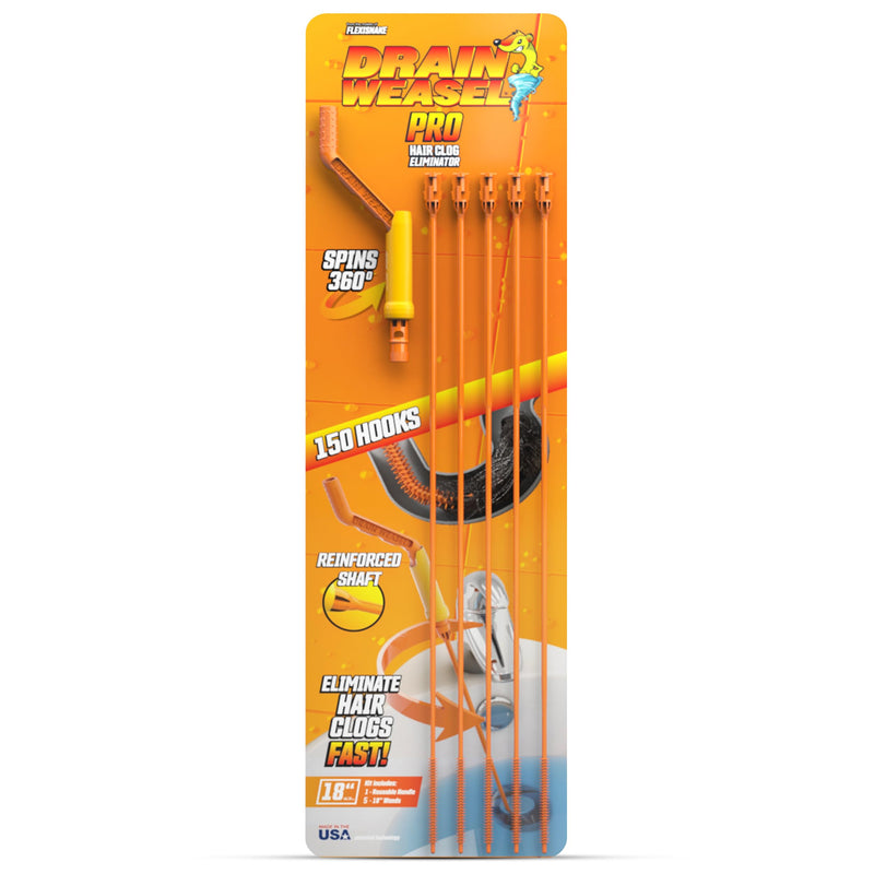FlexiSnake Pro Drain Weasel Sink Snake Cleaner with New Molded Tip - 18″ - Drain Snake Clog Remover Tool with Rotating Handle & 5 Wand Refills - Easy to Use on Drains & Grates - Made in USA - 5-Pack 5 pk