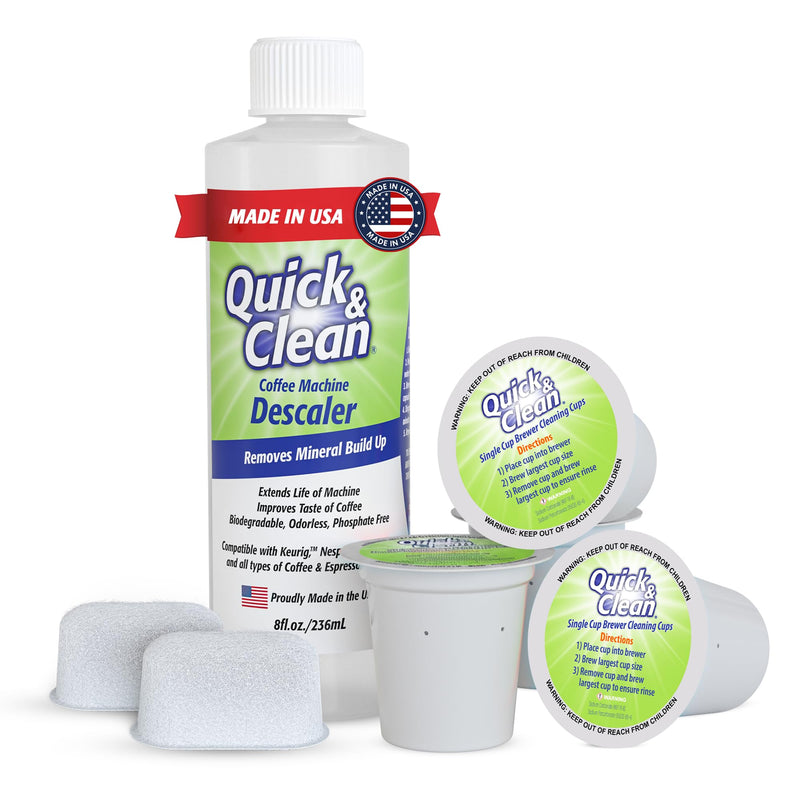 Quick & Clean 4-Pack of Cleaning Cups with Descaler Bundle (2 Total Uses) - 2.0 Compatible, Descaling Solution for Keurig, Nespresso, Ninja, Delonghi, All Coffee and Espresso Machines