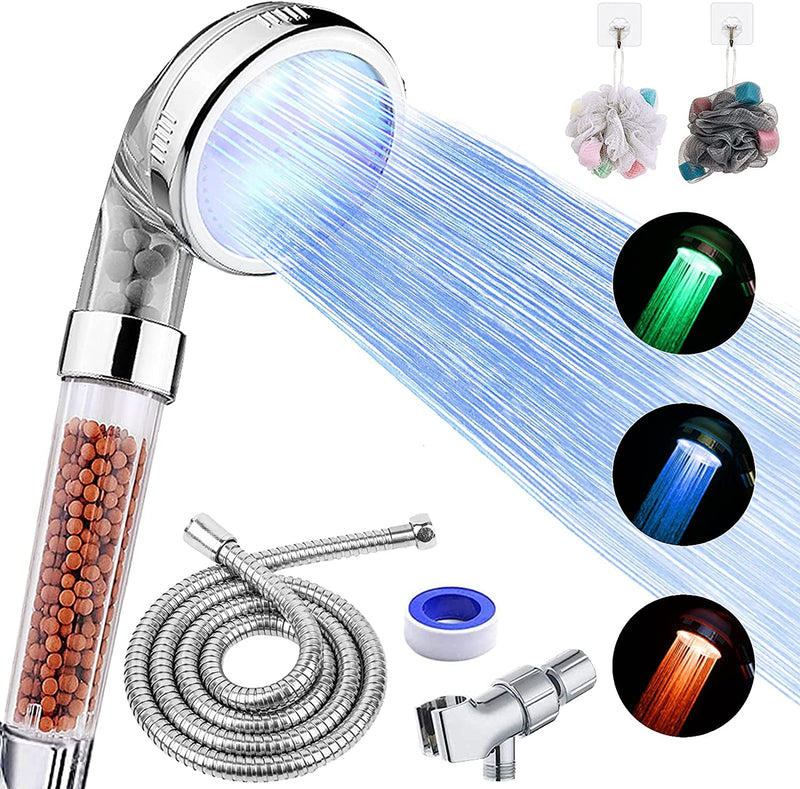 LED Shower Head with Handheld, High Pressure Shower Head with Hose, Holder & PTFE Tape etc, 3 Water Temperature-Controlled Water Saving Filtered Shower Head for Dry Hair& Skin A-LED shower head