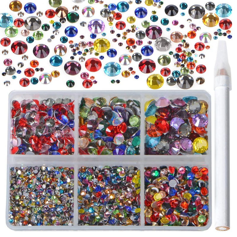 Bymitel 5000 Pieces 6 Mixed Sizes Glue Fix on Glass Rhinestones Round Crystal Gems Flatback for DIY Jewelry Making with one Picking Pen(Mix: SS4-SS30/5000PCS, Mixed Colors) MIX 6-SIZES 5000PCS