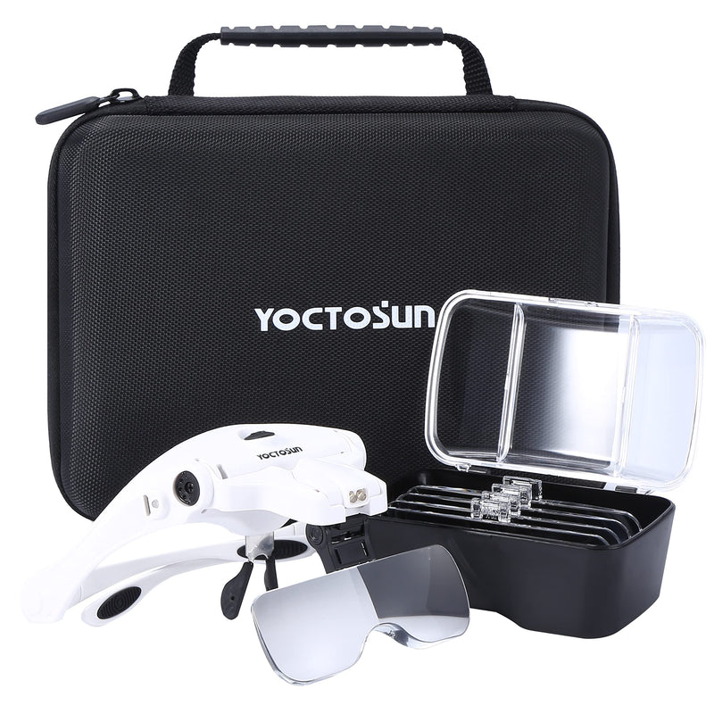 YOCTOSUN Magnifying Glasses with Light, Head Mount Magnifier with 5 Lenses, Headband, Storage Case, Hands Free LED Lighted Head Magnifying Visor for Close Work Hobby Crafts Led Head Magnifier with Storage Case