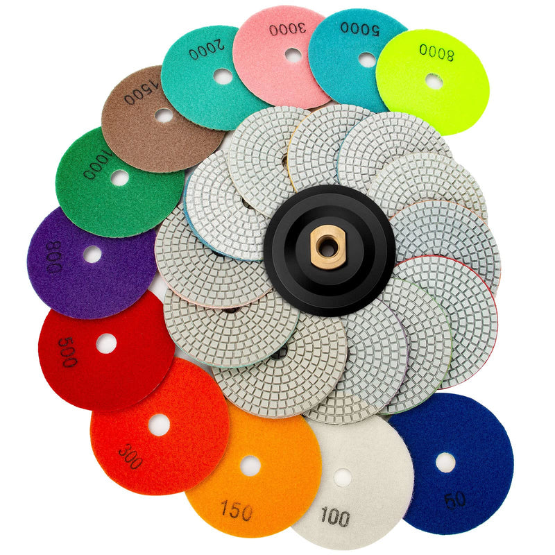 13 Packs 4 Inch Diamond Polishing Pads with 5/8’’-11 Backer Pad 12PCS Wet/Dry Polish Pad Kit for Drill Grinder Polisher 50-8000 Grit Pads for Granite Marble Concrete Stone Countertop Quartz Polishing 13