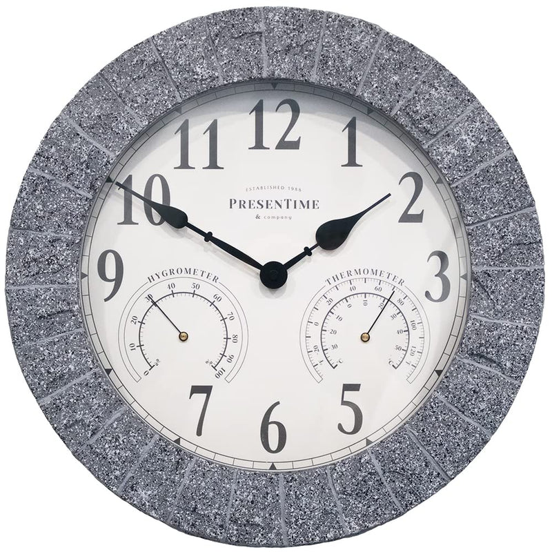 Presentime & Co Sandstone Outdoor Clock with Thermometer & Hygrometer as All in one Weather Station, 14", Gray Sandstone Finish. Weather Thermometer, Outdoor Décor, Wall Décor.