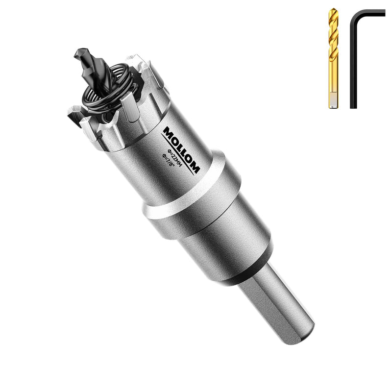 (7/8''|22mm) Heavy Duty Carbide Hole Saw with 2 Pilot Drill Bits, Hole Cutter cuts Stainless Steel, mild Steel, Iron, Copper, Brass, Plastic 22mm | 7/8" 1