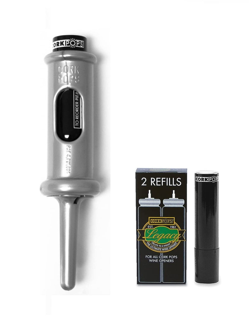 Cork Pops Original Wine Bottle Opener, 6.5 Inch – Made in USA, Effortless Push-Button Cork Removal, Includes Cartridge (Opens Up to 60 Bottles) (Silver, 3 Cartridges) Silver