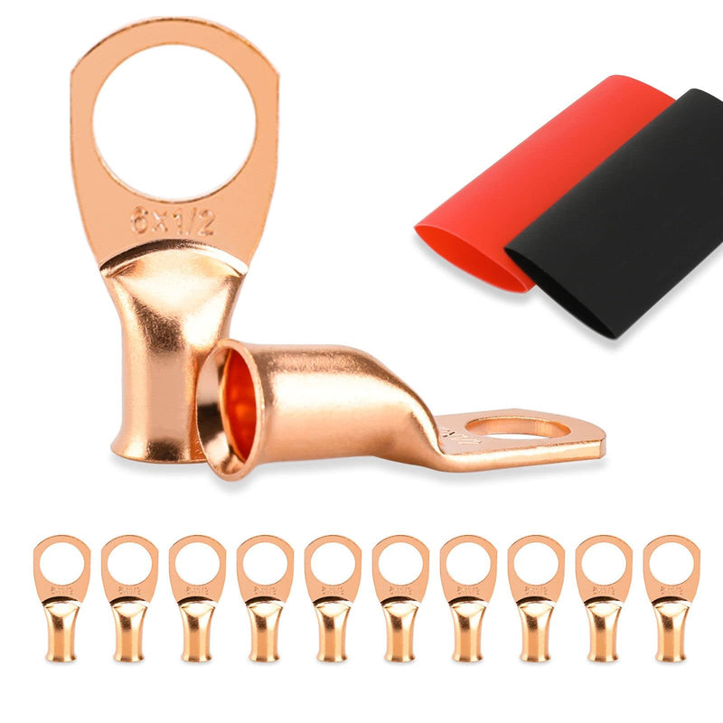 10PCS Battery Cable Ends, 6 Gauge Wire Connectors 1/2 Copper Wire Lugs, Bare Copper Eyelets with Heat Shrink Tubing by HOUSUN 6AWG*1/2"(M12) 10