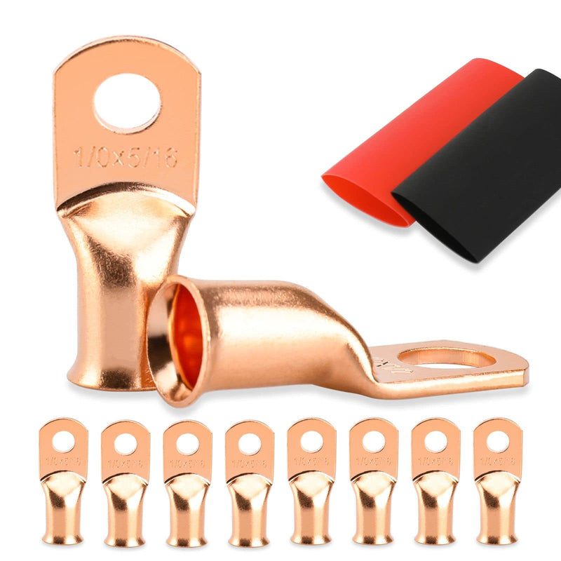 8PCS Battery Cable Ends, 1/0 Gauge Wire Connectors 5/16 Copper Wire Lugs, Bare Copper Eyelets with Heat Shrink Tubing by HOUSUN 1/0AWG*5/16"(M8) 8