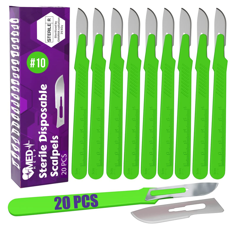 Disposable Scalpel 10, Pack of 20 Dermaplaning Blades with Green Plastic Handle, Scalpel Blades #10, Dermablade Blades. Individually Wrapped ● Box of 20 #10 - Pack of 20