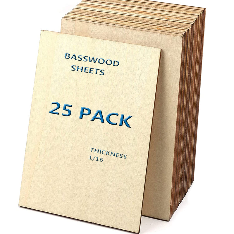 Unfinished Wood Pieces,25Pcs Basswood Sheets 1/16,Thin Plywood Wood Sheets for Crafts,Perfect for DIY Projects, Painting, Drawing, Laser,Engraving,Burning and CNC Cutting(150x100x1.5mm)