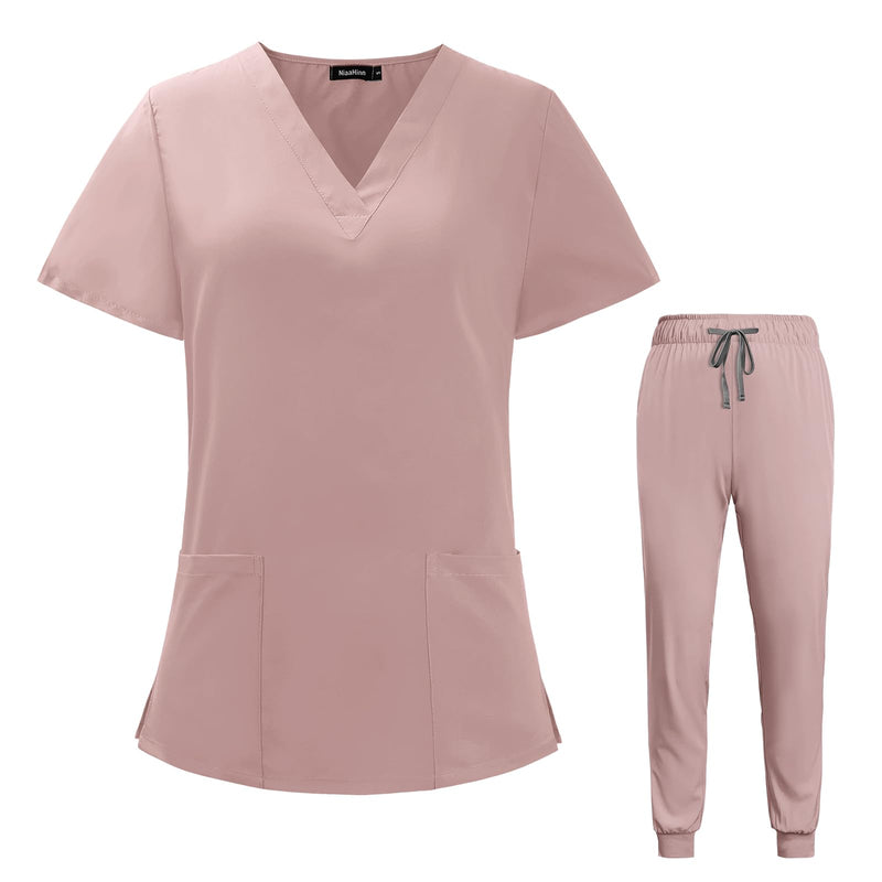 VIAOLI Scrubs for Women Set V-Neck Pocket Top & Drawstring Jogger Scrub Pants Stretch Nursing Scrubs Set Uniform Pink Medium