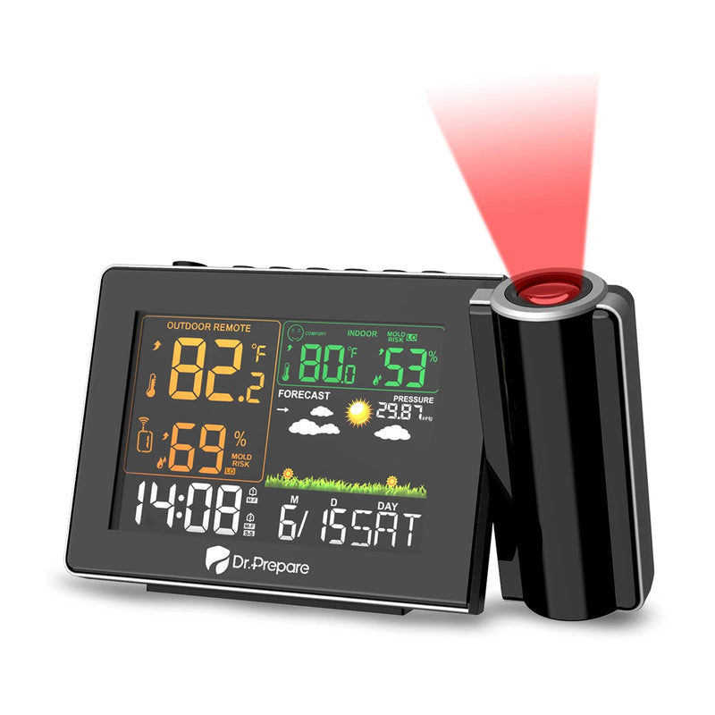 DR.PREPARE Projection Alarm Clock, Adjustable Projection Focus, Wireless Indoor Outdoor Temperature Humidity Monitor, 180° Projector, Snooze, Weather Forecast, Dual Alarms for Bedroom, Heavy Sleeper Upgrade