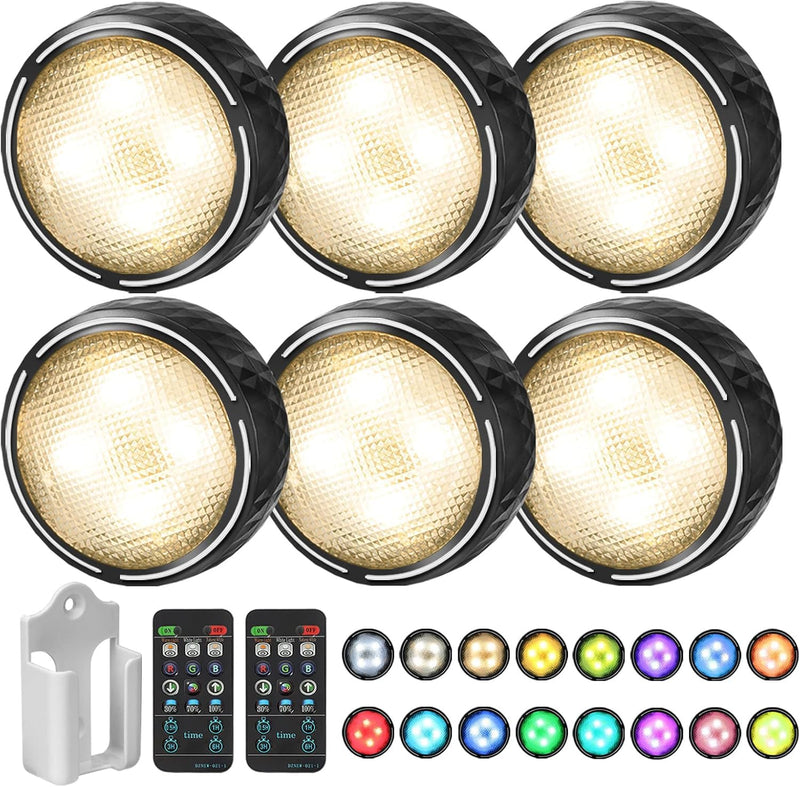 LED Puck Lights with Remote Battery Operated Under Cabinet Lighting Wireless Stick on Lights Color Changing Timer Tap Lights for Cabinets Shelves Closets Display Case - 6Pack Black 6 Pack