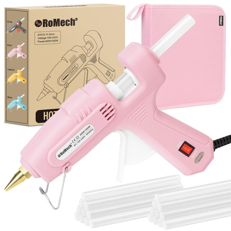 ROMECH 60/100W Dual Temp Hot Glue Gun and Sticks Set, Full Size with Case Pink