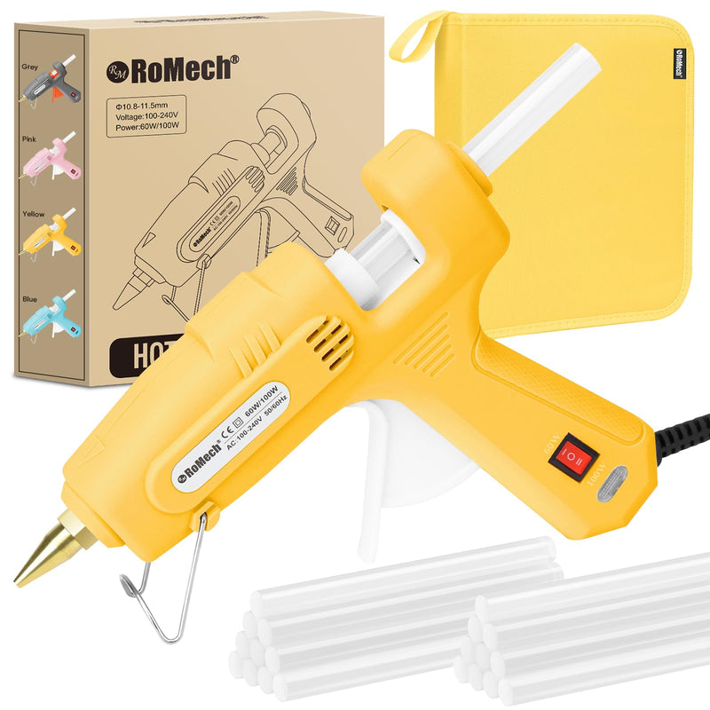 ROMECH 60/100W Dual Temp Hot Glue Gun and Sticks Set, Full Size with Case Yellow
