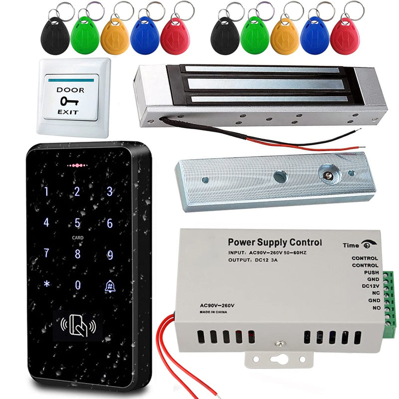 HERNAS Professional Access Control Kit, IP68 Fully Waterproof RFID Keypad(3000 Users Capacity) + 180KG/380lbs Magnetic Door Lock + DC12V 3A Power Supply + Release Switch and 10PCS Key Fobs, Outdoor
