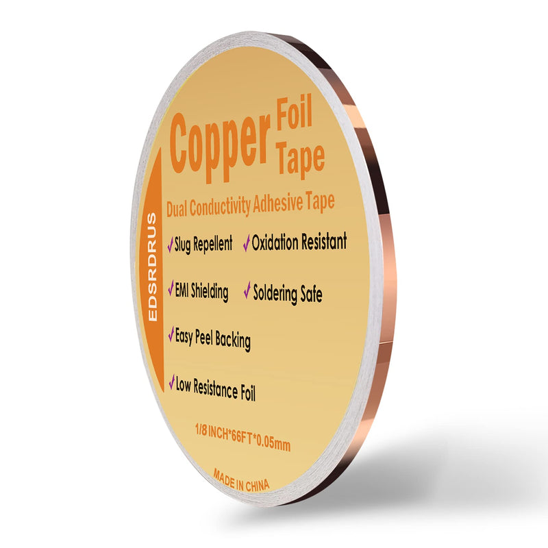 Copper Foil Tape Multi-Sizes with Conductive Adhesive, Double-Sided Conductive Copper Tape for Soldering Guitar EMI Shielding Electrical Repairs Home Decor Crafts Garden 1/8inchx 66ft