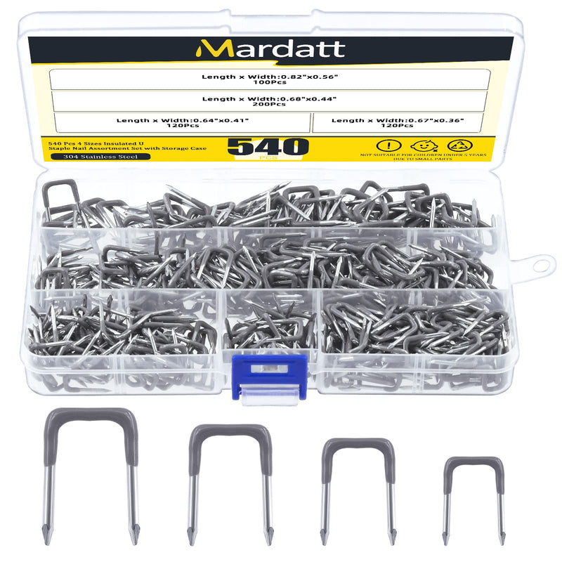 540 Pcs Insulated U Staple Nail Assortment Set with Storage Case, 0.56", 0.44“, 0.41", 0.36" Metal Cable Staple for Fixing Electrical Wire