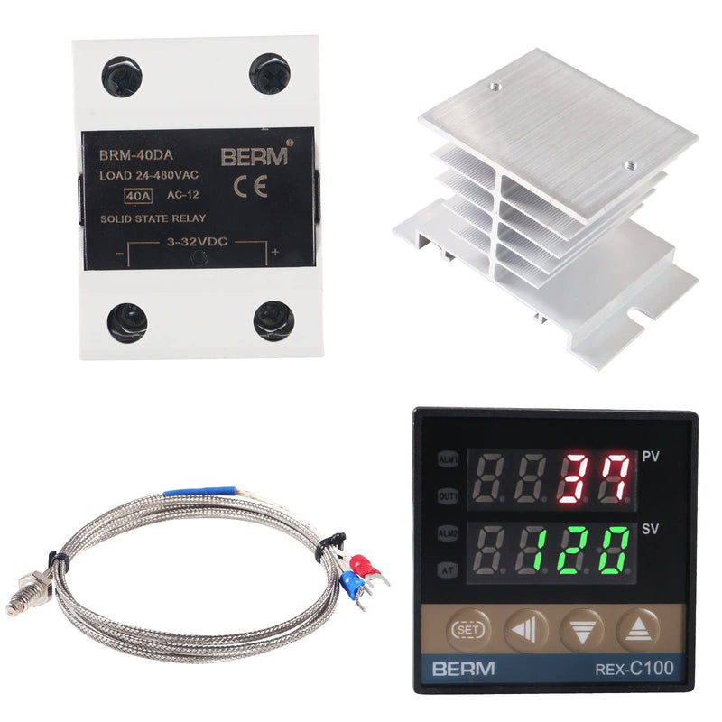 Digital PID Temperature Controller REX-C100 PID Thermostat Temperature Controller Digital REX C100 with 40DA SSR Relay K Thermocouple Probe RKC and Silver Heat Sink 40DA Silver