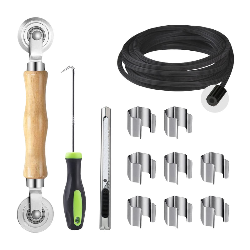 Screen Repair Kit, 5 in 1 Screen Tool - Screen Roller Tool, Spline Removal Hook,Screen Clips, Retainer Spline (32 ft) and Screen Cutter for Replacing & Installing Door and Window Screens Black Spline