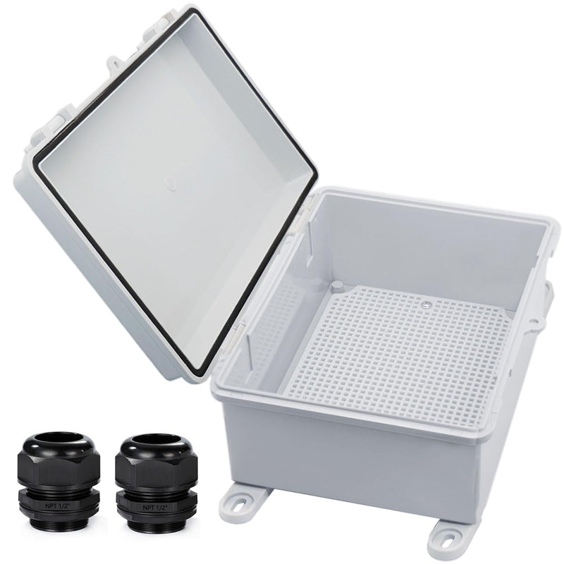 Waterproof Outdoor Electrical Box Junction Box Weatherproof IP67 ABS Plastic Enclosure Switch Router Project Box with Mounting Plate with Wall Bracket 2 Cable Glands Grey 8.7"x6.7"x4.3" 8.7" x 6.7" x 4.3"