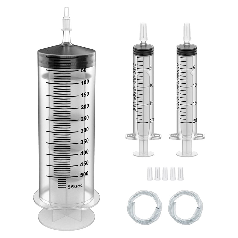 500ML Extra Large Syringe and 2 Pack 20ML Plastic Syringes with Tip Adapter&Soft Tube, Sterile Individually Wrapped Measurement and Dispensing Syringe Tools for Science Labs,Feeding Pets(500ml, 1) 500ml 1.0