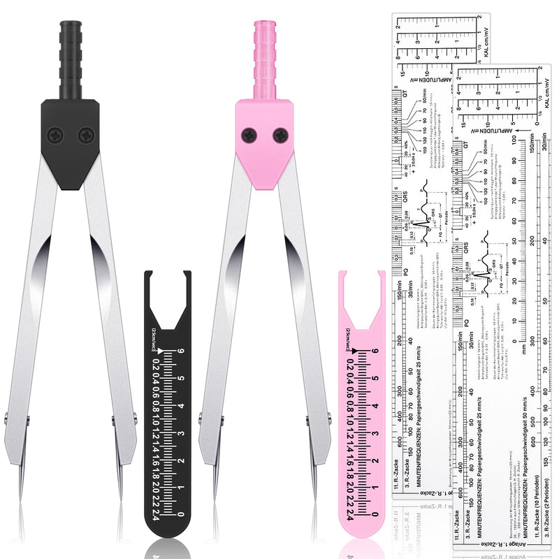 Tondiamo 2 Sets EKG Calipers and EKG Ruler Combination Set ECG Calipers Drafting Electrocardiogram Divider ECG Calipers Measuring Tool for Nursing (Black and Pink) Black and Pink