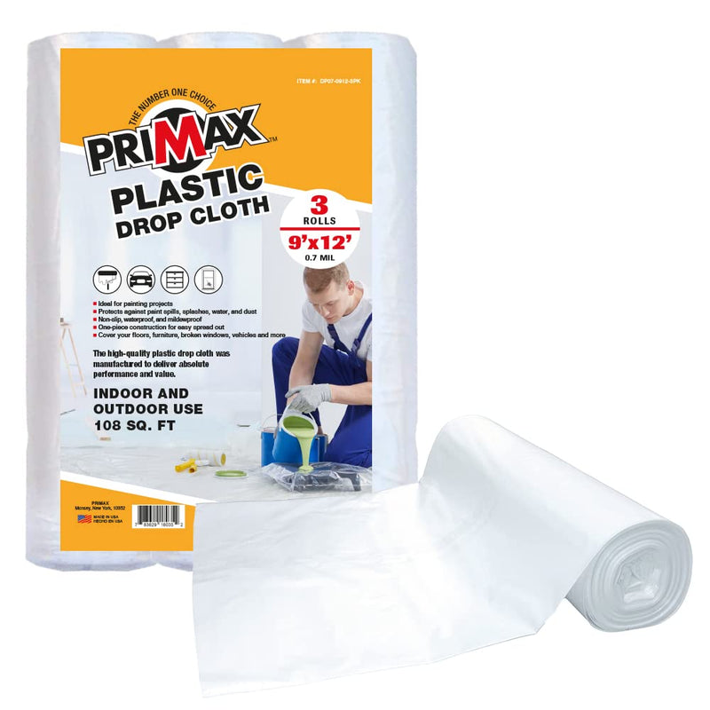 PRIMAX Clear Plastic Drop Cloth 9x12 ft (3 Pack) – Waterproof Painters Plastic Sheeting for Painting, Furniture Covers & Dust Protection – Easy Cleanup, Mess-Free Solution for Painting or Renovations 9' x 12' - 3 pack