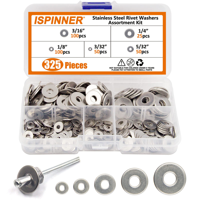 ISPINNER 325pcs Backup Rivet Washers Assortment Kit, Stainless Steel Washers for Blind Pop Rivets Diameter 3/32" 1/8" 5/32" 3/16" 1/4"(Silver) Silver
