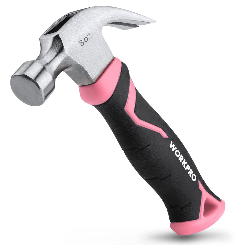 WORKPRO 8 oz Claw Hammer with Fiberglass Handle, All Purpose Hammer with Forged Hardened Steel Head, Smooth Face & Shock Reduction Grip - Pink Ribbon 8oz