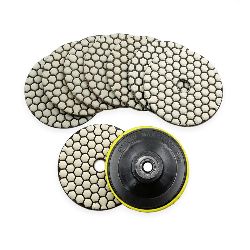 Dry Diamond Polishing Pads Set 4 Inch Grit 50x3/100x2/200/400/800 - Dry Polish Pad Kit 8pcs for Granite Marble Concrete Quartz Marble Floor Polishing Plus 5/8-11 Plastic Backer and Adapter