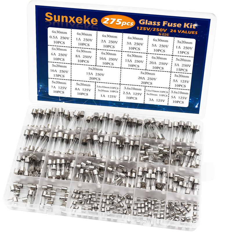 275Pcs Christmas Light Fuses 24 Values Fast Blow Glass Fuses Assortment Kit 125V 1A 3A 5A 7A 8A 5x20mm,125V 1A 2.5A 3A 5A 3.6X10mm,250V 0.5A 1A 2A 3A 5A 6A 8A 10A 15A 20A 5x20mm 6x30mm 275PCS