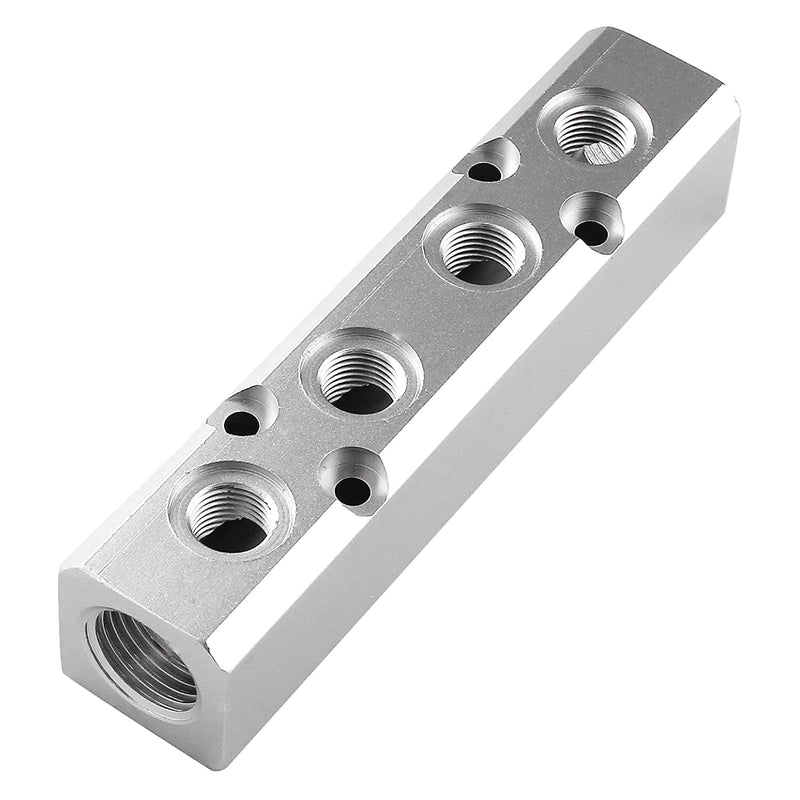 4 Way Pneumatic Manifold Air Distribution Block, G1/2 Supply Port, G1/4-Inch Output Port,Pneumatic Air Compressor Manifold Fitting，Aluminum Alloy，Large Flow （40x40mm） 4 Way 6 Port 40x40mm