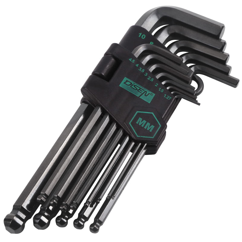 DISEN 13 Pieces Hex Key Allen Wrench Set Metric Size with Ball End, 1.27-10 MM, Long Arm Ball Design, Chrome Vanadium Steel 13PCS Metric