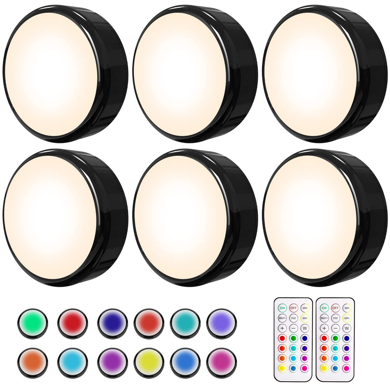 HELPLEX Puck Lights with Remote, Colors Changeable LED Puck Light Battery Powered Dimmable Under Cabinet Lights Wireless Under Counter Light RGBW Push Light, Timing & Memory Function, Black, 6 Pack BLACK - 6 PACK NO Battery