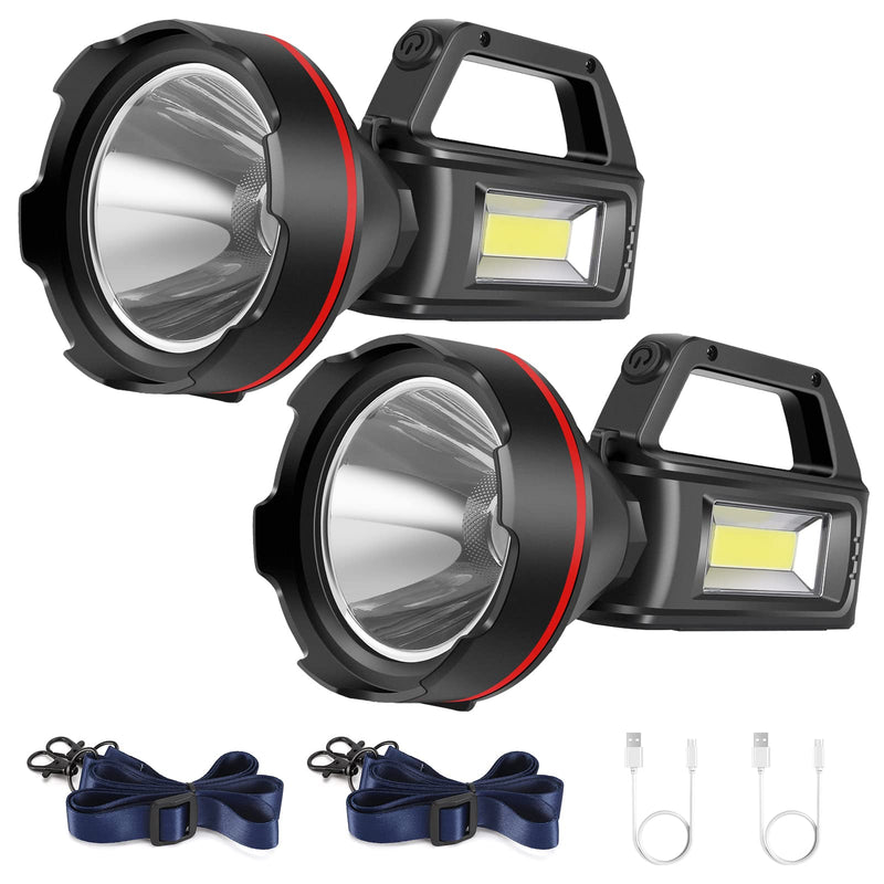 Rechargeable Spotlight Flashlight, High Lumens Handheld Spotlight,LED Searchlight with Shoulder Strap and USB Output for During Hurricane,Emergency, Storms,Hunting , Hiking, Camping(Black Pack of 2) Black2