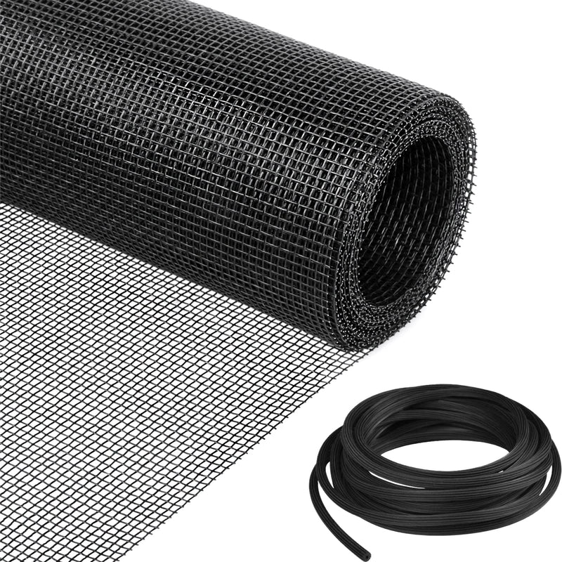Window Screen Replacement Kit, 36"W × 90"L Durable Polyester Adjustable Screen Mesh with Retainer Spline (32ft) for DIY Project Window Screen Door Screen Replacement & Repair, Black 36" x 90"