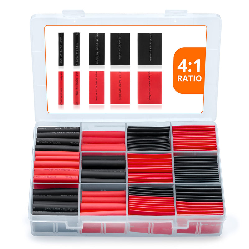 Wirefy Heat Shrink Tubing Kit 190 PCS - 4:1 Ratio Adhesive Lined - Adhesive Heat Shrink With Glue - Black & Red - Heat Shrink Tube Kit, Heat Shrink Assortment, Waterproof Heat Shrink Tubing 190 PCS - Black, Red