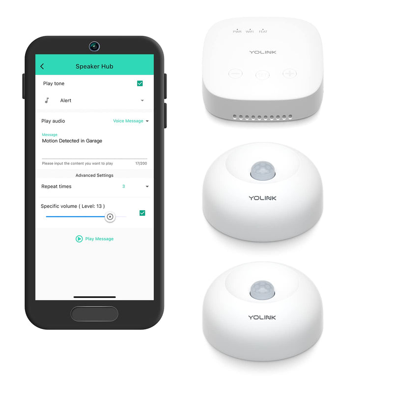 YoLink SpeakerHub & Two Motion Sensor Smart Home and Security Kit – Audio Hub Plays Tones/Sounds, Spoken Messages, LoRa-Powered ¼ Mile Range, WiFi Required Indoor IPR, 2-Pack