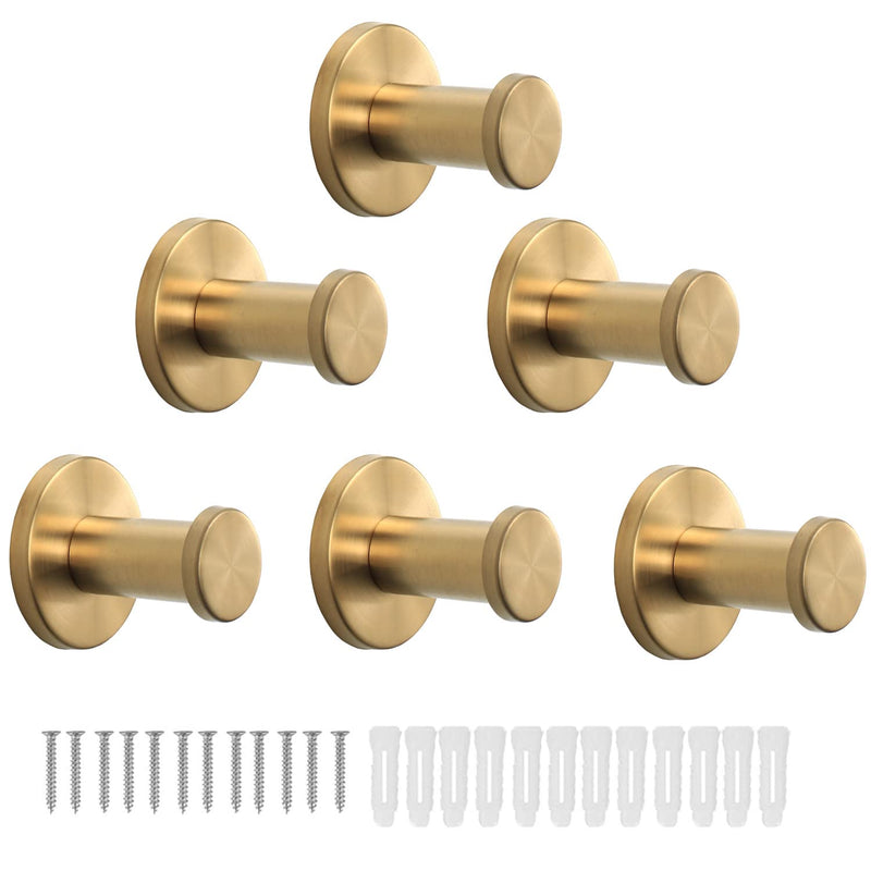 Bath Towel Hooks, 6 Pack Round Coat Hooks, Sturdy Wall Mounted Robe Hook, SUS 304 Stainless Steel Heavy Duty Clothes Hanger, Wall Towel Hooks for Bathroom Bedroom Kitchen (2 in, Gold) 2 IN-6 Pcs