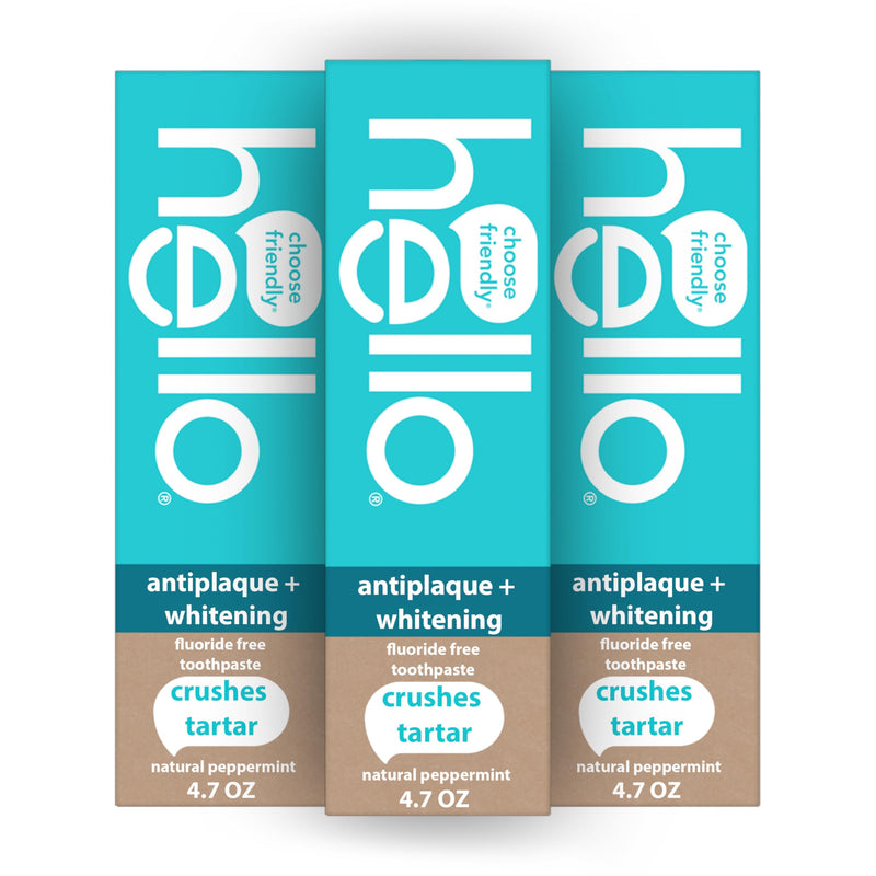 Hello Antiplaque Toothpaste, Fluoride Free for Teeth Whitening with Natural Peppermint Flavor and Tea Tree Oil, Peroxide Free, Gluten Free, SLS Free, 3 Pack, 4.7 OZ Tubes 4.7 Ounce (Pack of 3) Antiplaque & Whitening