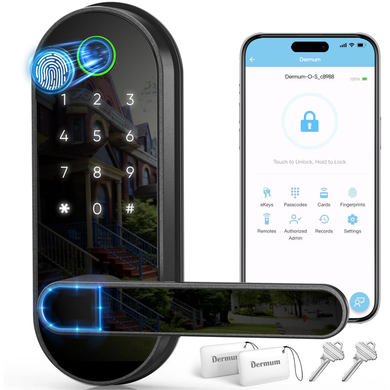 Keyless Entry Fingerprint Digital Smart Lock with Handle & Keypad: Electronic/Electric Lock with Code, App Control Biometric Deadbolt Door Knob for Front, Interior, Exterior & Bedroom Door (Black) Black
