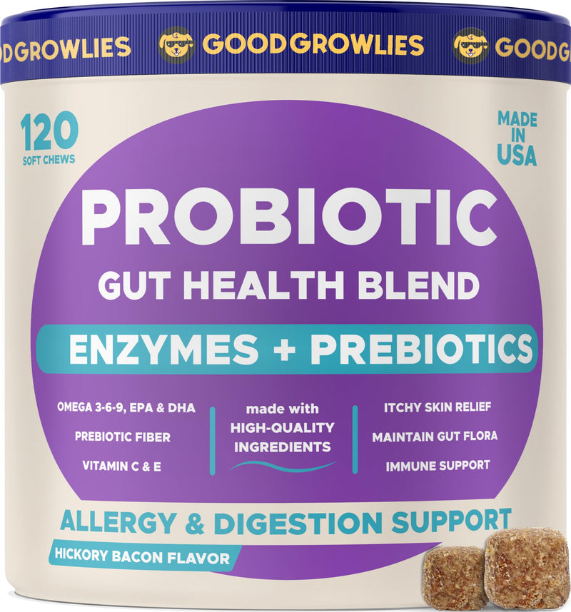 Probiotics for Dogs Gut Health & Digestive Function Support - Probiotic Chews w Pumpkin & Omega - Upset Stomach & Gas Relief, Constipation, Canine Prebiotic Supplement Hickory Bacon 120 Probiotics Chews - PawsPlanet Australia