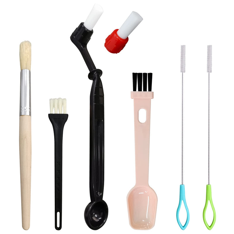 7 Pcs Coffee Machine Cleaning Brush, Espresso Machine Brush with Detachable Head, Wooden Plastic Brush with Bristles for Grinder, Plastic Spoon with Brush & 2Pcs Espresso Steam Wand Brushes