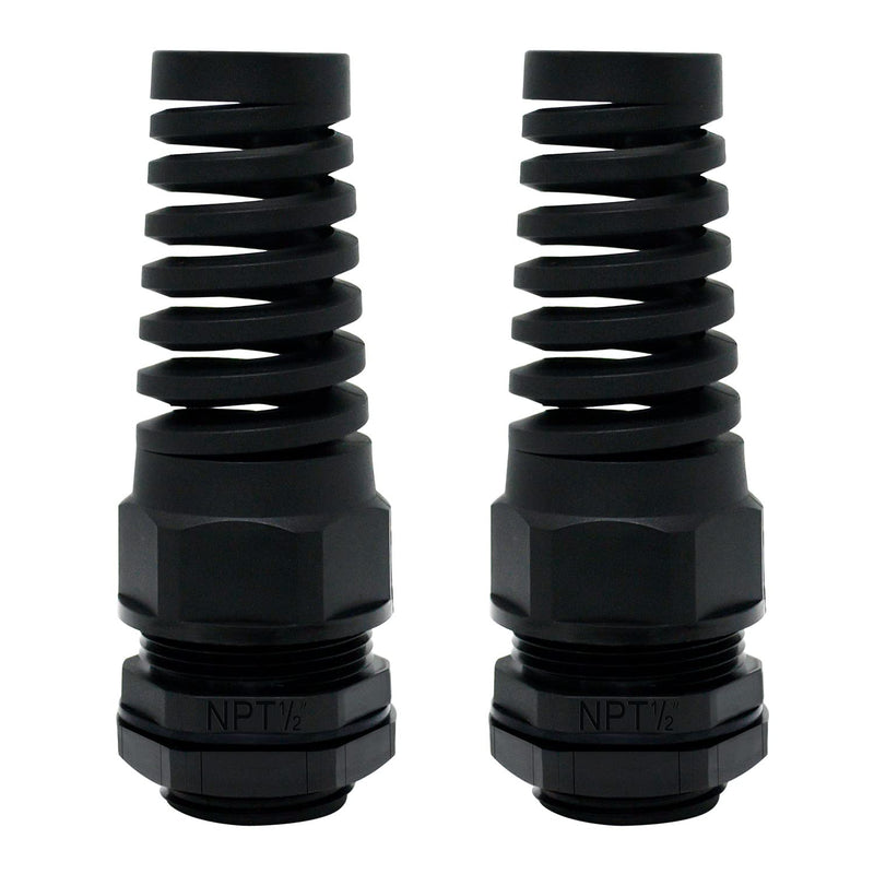 LeMotech 2Pcs NPT 1/2" IP68 Waterproof Cable Gland Flex Spiral Strain Relief Black Nylon Joint with Gaskets for 6-12mm Wire Thread NPT 1/2" (2-Pack)