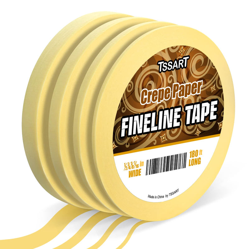 4 Rolls Fine Line Tape - Medium Tack Pinstripe Tape, Fineline Masking Tape in 1/16, 1/8, 1/4 and 1/2 Inch Wide x 60 Yard Long, Painters Masking Tape for DIY Car Auto Paint Art