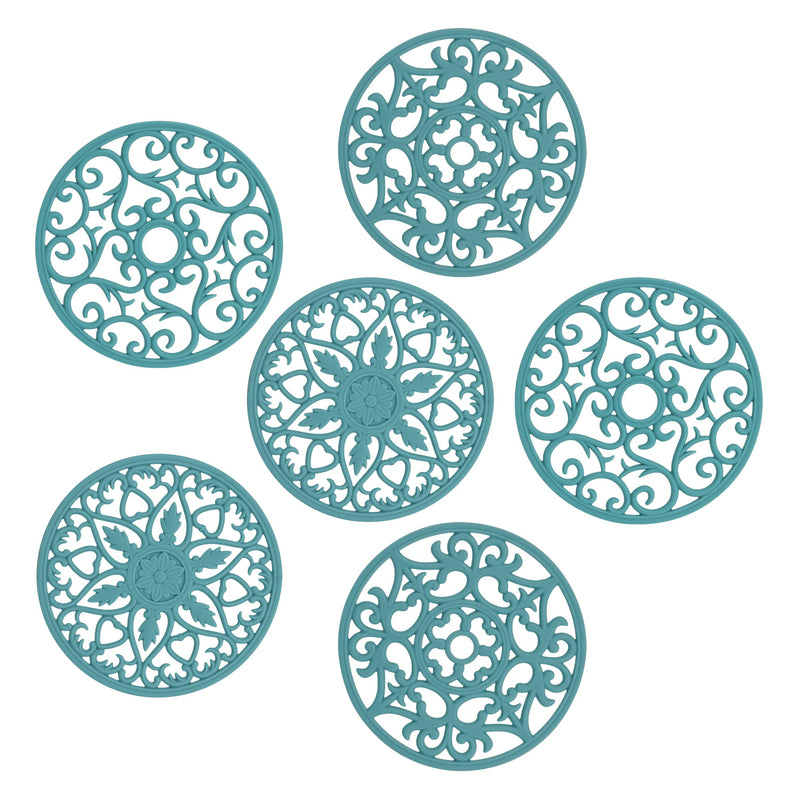 Teal Silicone Trivets Set of 6 - Multi-Use Intricately Carved Hot Pads and Mats for Hot Pots and Pans, Flexible Modern Kitchen Table Mat, Heat Resistant Round Coaster