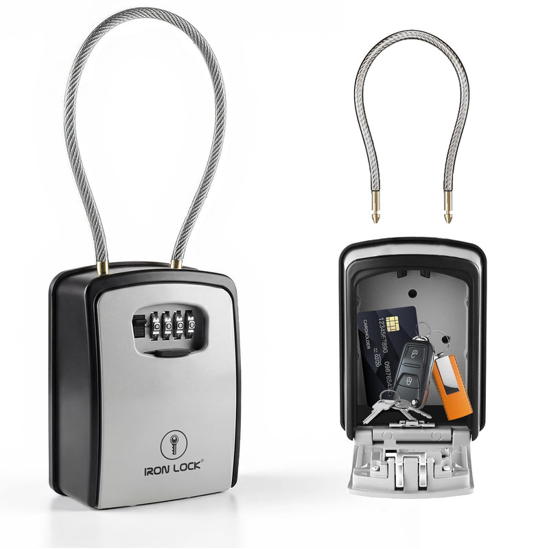 Iron Lock® Key Lock Box Portable with Cable Shackle & Wall Mount – Waterproof Heavy Duty Metal Lock Box for Keys with 4-Digit Combination Code on Door Knob, Fence, Pipe or Gate Extra Large (Grey, XXL) 2X-Large Portable Cable Grey