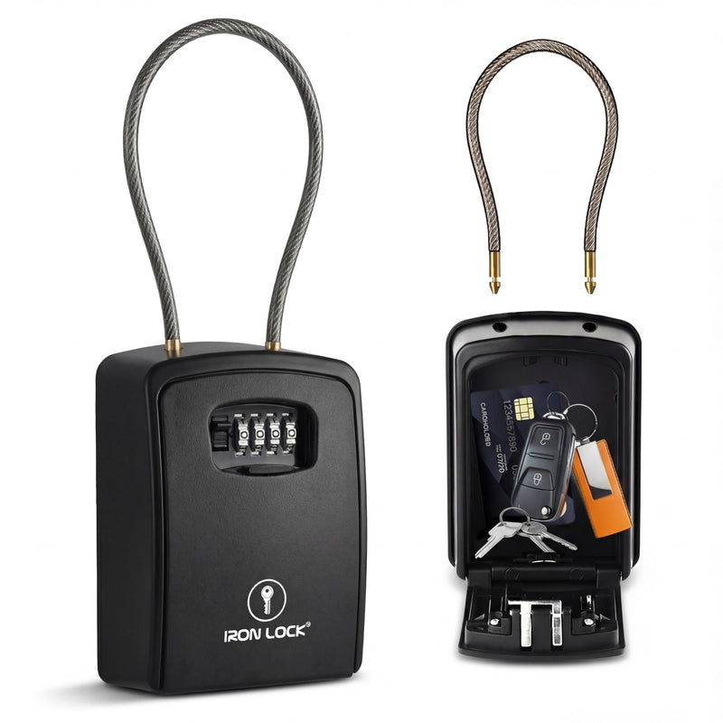 Iron Lock® Key Lock Box Portable with Cable Shackle & Wall Mount – Waterproof Heavy Duty Metal Lock Box for Keys with 4-Digit Combination Code on Door Knob, Fence, Pipe or Gate Extra Large(Black, XXL) 2X-Large Portable Cable Black