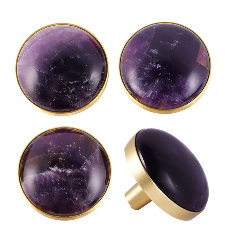 SUNYIK 4 Pcs Polished Round Crystal Stone Drawer Knobs with Screws, Pulls Handle for Dresser Cabinet Cupboard Home Office Door Decor, 32mm, Amethyst 1.2x1" Purple